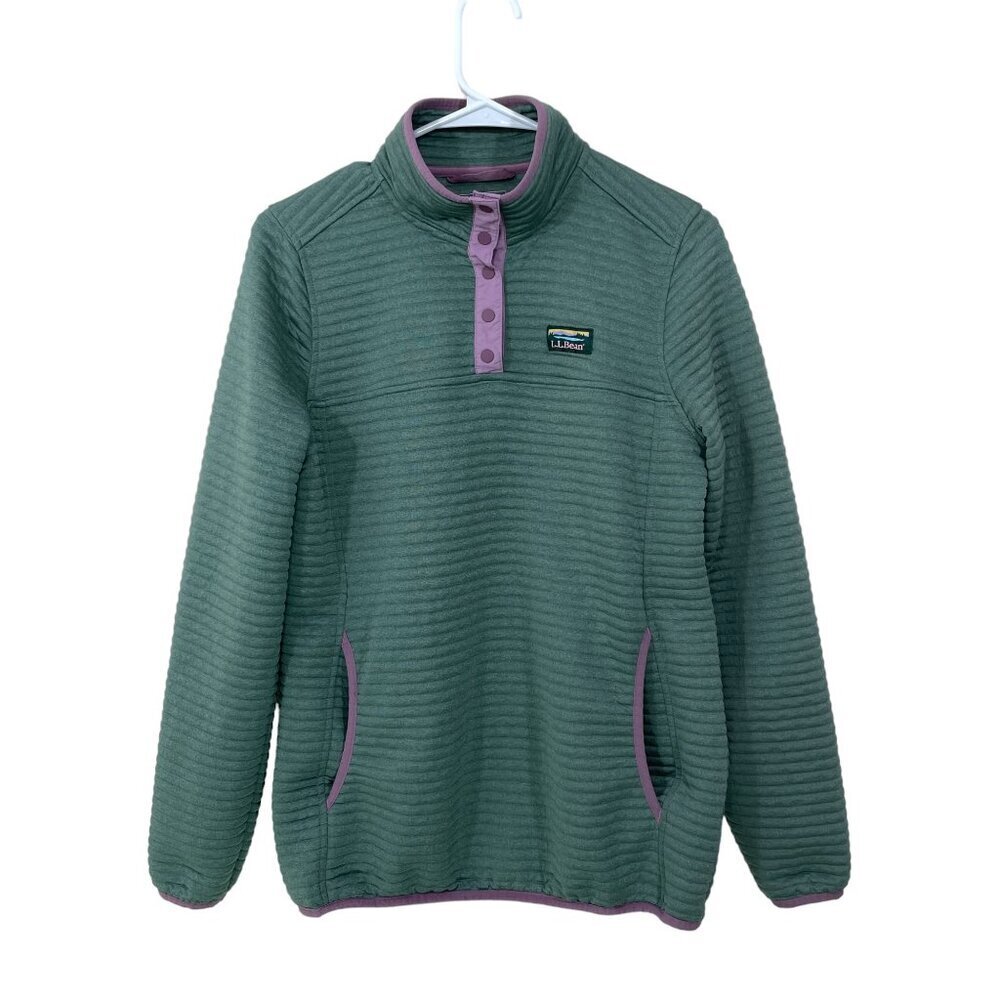 L.L. Bean Green Ribbed Snap-Placket Pullover with Purple Trim